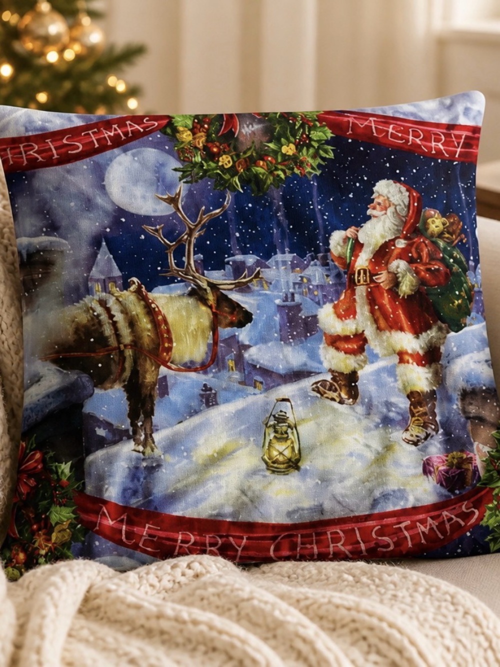 Christmas Santa and Reindeer Pillow Cover